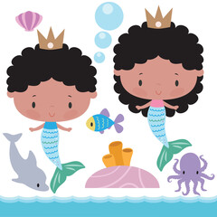 Wall Mural - Cute  mermaid. Sea princess and prince  vector cartoon illustration