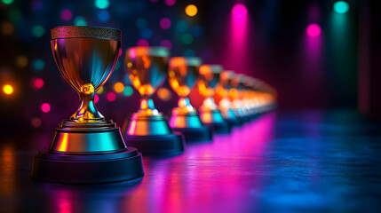 Sticker - Golden trophy on a stage with colorful lights, in focus, with other trophies blurred in the background.