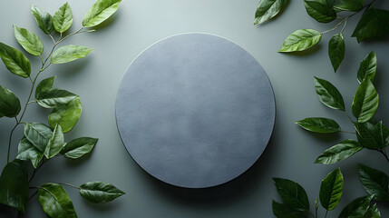 Wall Mural - Green leaves arranged around a gray round platform on a light blue background.