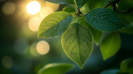 Wall Mural - Green leaves backlit by sunlight with a blurred background.