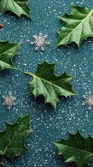 Wall Mural - Green Leaves and Snowflakes on Blue Background