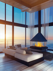 Wall Mural - Luxury minimalist living room, with modern fire place, two floor high ceiling. Ocean view outside the window. Spacious cozy sofa.