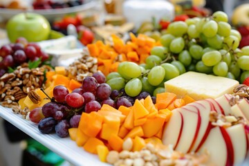 White platter overflowing with gourmet cheeses, fresh fruits, and nuts is ready for guests to enjoy