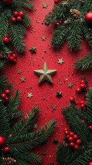 Canvas Print - Festive Christmas Background with Pine Branches, Red Berries, and Gold Star