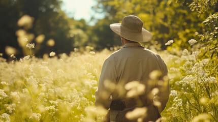 Rearview of an adult mature Caucasian man dressed in a long-sleeve shirt and wearing a straw hat, walking through a sunny field with tall, uncut grass or flowers, enjoying the scenic nature landscape 