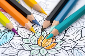 Several sharpened colored pencils pointing at a partially colored mandala design in an adult coloring book