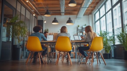 Young people professionals working in office, Colleagues using digital tablet in coworking, coworkers working together in boardroom, brainstorming, discussing and analyzing business, Generative AI