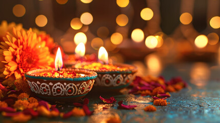 traditional oil lamp with flower on diwali festival