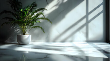 Wall Mural - Minimalist Interior Design with a potted palm plant on a white marble floor.