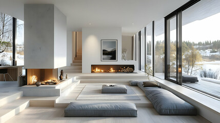 Wall Mural - Minimalist living room with a fireplace, large windows, and cozy seating.