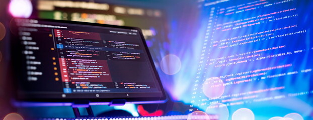 Notebook coding background business data analytics programming online,  digital world technology