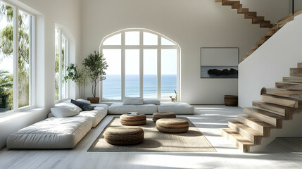 Wall Mural - Minimalist living room with large windows overlooking the ocean and a wooden staircase.