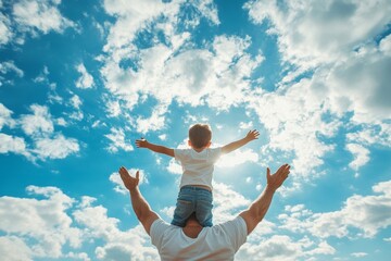 Happy father and son embracing and looking at each other on street, Generative AI