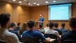 © FestArt - Conference Workshop Presentation - Engaged Audience Listening to Male Speaker in Academic Seminar Hall or Event Hall