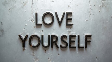 Wall Mural - Inspiring love yourself quote on textured metal background