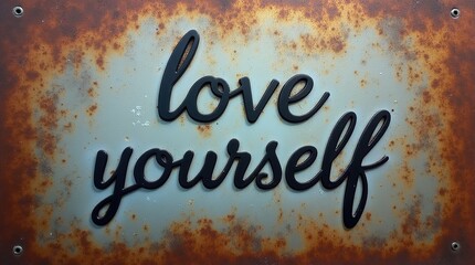 Inspirational love yourself quote on rusted metal background