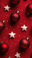 Wall Mural - Red Christmas Ornaments and Stars on Red Glitter Background