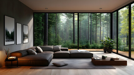 Poster - Modern living room with large windows overlooking a forest.