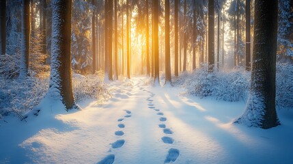 A tranquil snowy forest path with footprints leading through tall, frost-covered trees and a soft, overcast sky