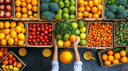 Colorful assortment of fresh fruits and vegetables displayed in wooden crates with hands arranging produce.