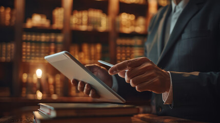 An attorney with a business-like demeanor, using a digital tablet to annotate digital contract documents