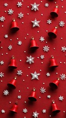 Wall Mural - Red Bells and White Snowflakes on Red Background