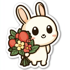 Wall Mural - Cute Bunny Holding a Bouquet of Flowers Cartoon Illustration