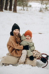 two little sisters have a good time on winter vacation riding sleds and walking through the snowy forest