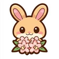 Wall Mural - Cute Cartoon Bunny Holding Pink Flowers