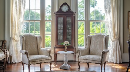 Poster - A formal Colonial sitting room with elegant wingback chairs, a grandfather clock