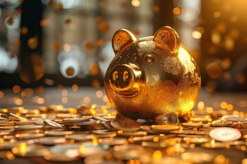 golden piggy bank with scattered money, secure savings concept
