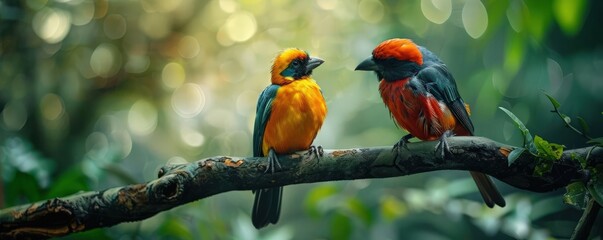 Colorful tropical birds perched on branches, biodiversity in the rainforest