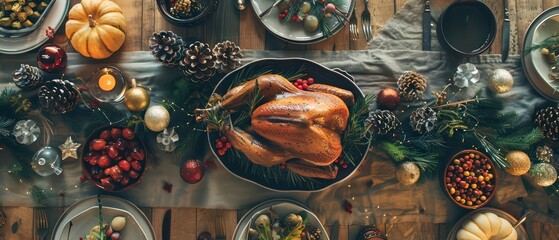 A beautifully arranged festive table featuring a roasted turkey, seasonal decorations, and an array of colorful dishes.