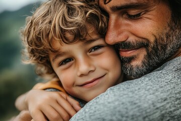 Happy father playing with his son giving him hug. Father son relationship concept, Generative AI