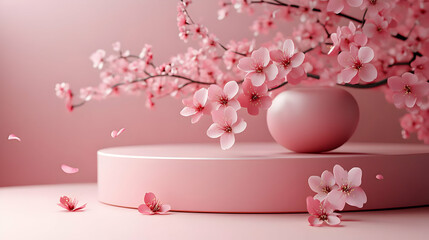 Canvas Print - Pink cherry blossom flowers on a pink podium.