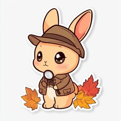 Wall Mural - Cute Bunny Detective with Magnifying Glass and Autumn Leaves