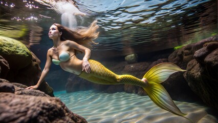 Wall Mural -  mermaid swimming under the deep waters of the ocean