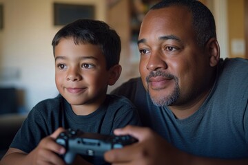 Candid moment of a father and son playing video games, sharing fun, love, and togetherness, showcasing real-life parenthood, Generative AI