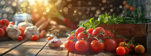 Fresh tomatoes with garlic and herbs on a wooden table