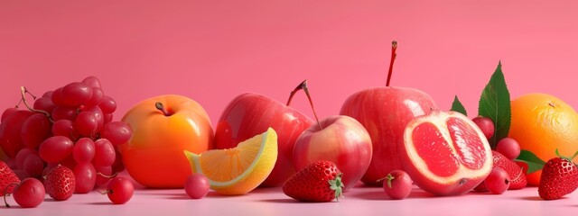 Wall Mural - Assorted red fruits on a vibrant pink background