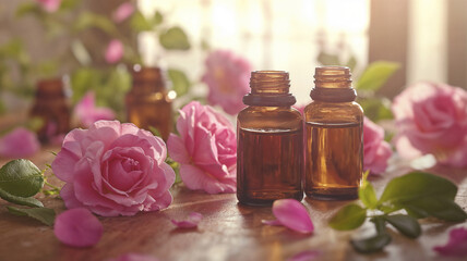 Wall Mural - Two brown bottles of aromatherapy essential oil with pink rose flowers on a table indoors