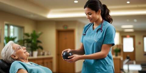 Wall Mural - A female nurse assisting an elderly patient in a modern clinic, providing care and attention.