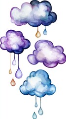 Poster - Watercolor illustration of colorful rain clouds with raindrops