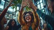 © Pixel Hues - High five, celebration and business people with success, partnership and team building in office. Happy, smile and professional corporate employees celebrate for successful collab, Generative AI