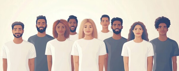 a group of diverse people from different ethnic backgrounds are standing together wearing white T-shirts. all people are equal.  flat illustration, Generative AI