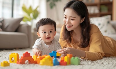 happy asian mother and baby son sitting on ground playing toy blocks together in the living room at home. she helps give him parts to build, Generative AI