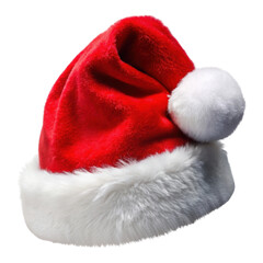 Santa hat with a fluffy white fur trim and pompom, ideal for holiday festivities, Christmas costumes, and seasonal celebrations. Isolated on transparent background, png.