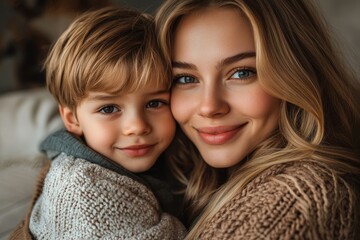 Cheerful young mother with son, Generative AI