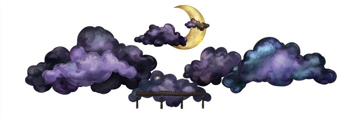 Poster - Watercolor Night Sky with Clouds and Crescent Moon