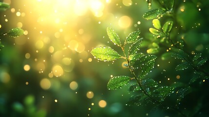 Green leaves with dew drops glistening in the sunlight.